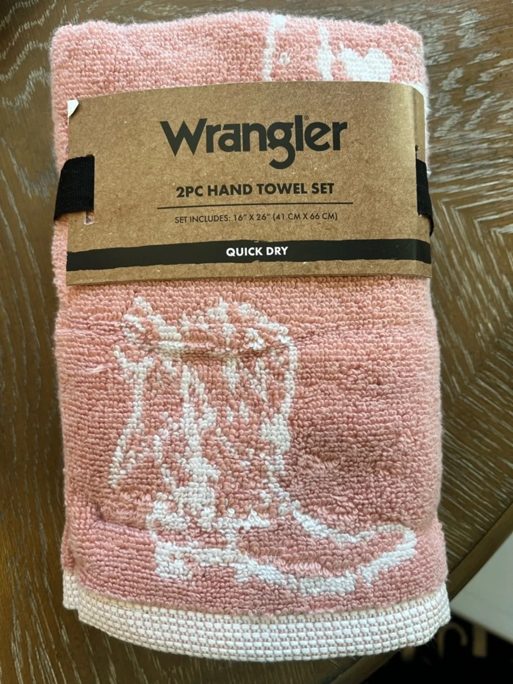 Set of 2 Quick Dry Wrangler Pink & White Boot Motif Hand Towel Set